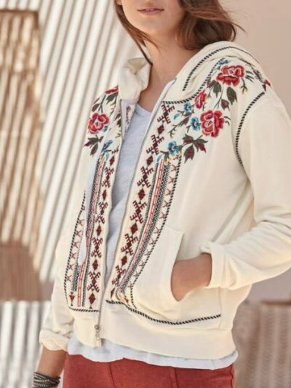 Driftwood Floral Embroidered Full Zip Teddy Hoodie Sweatshirt Women’s Size Small